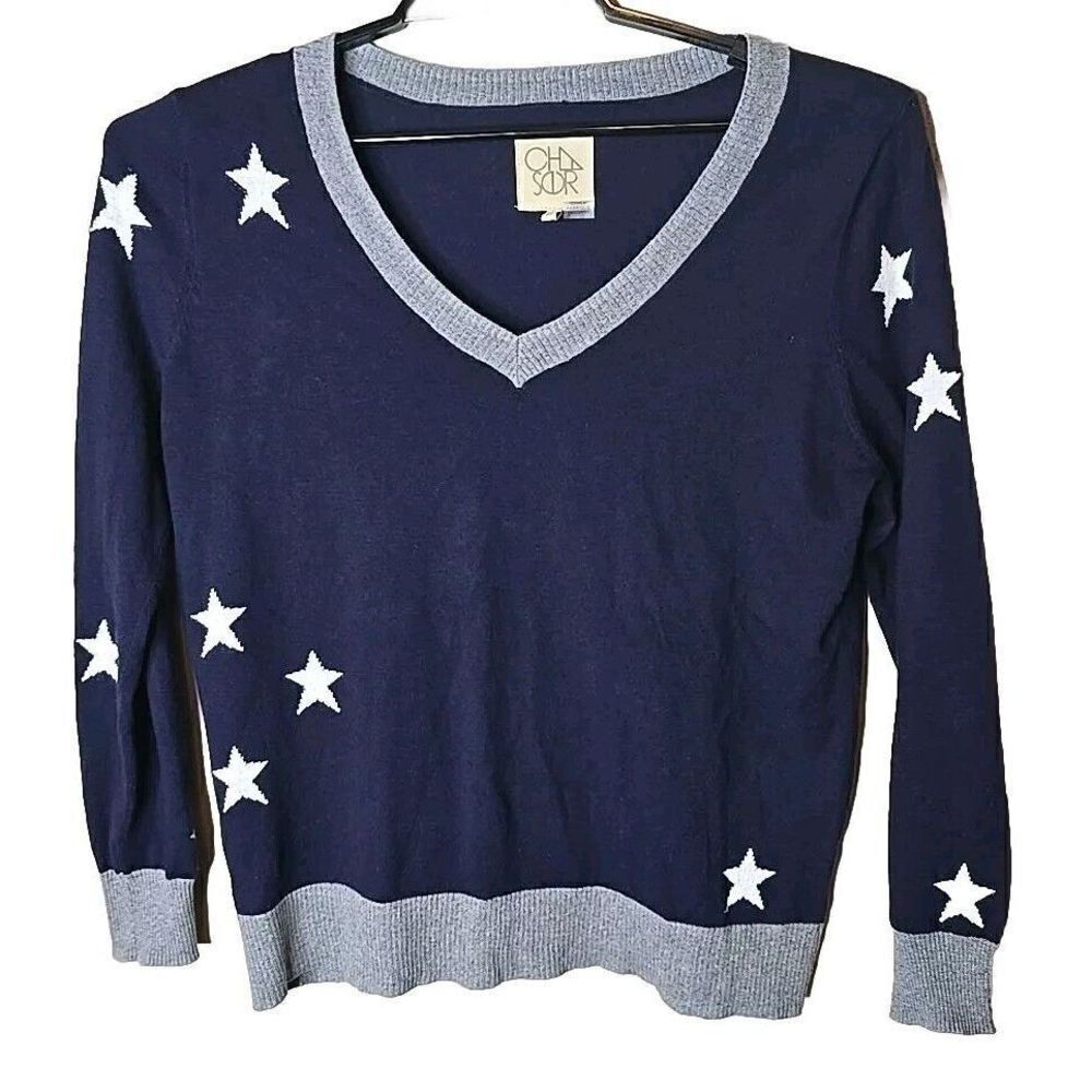 Chaser Women’s Star Sweater Size Medium Gray Blue Cotton Cashmere Blend t14
